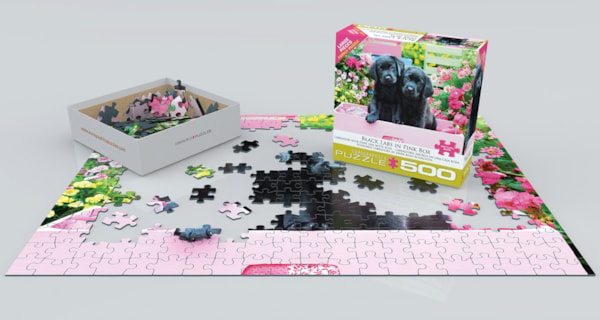 Eurographics Puzzles Black Labs in a Pink Box  Large Oversize 500 pieces Puzzle