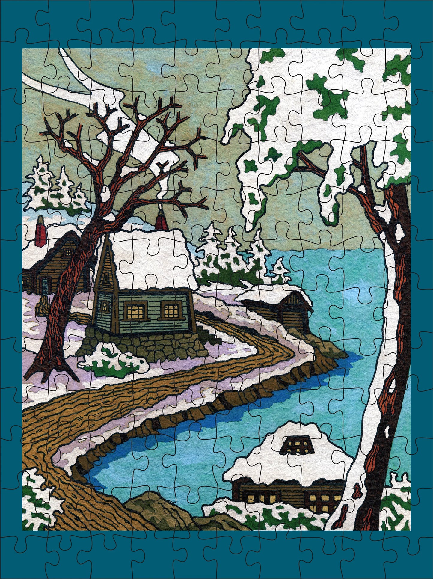Pomegranate, CJ Hurley: Snowy Cabins 120-Piece Double-Sided Jigsaw Puzzle Set