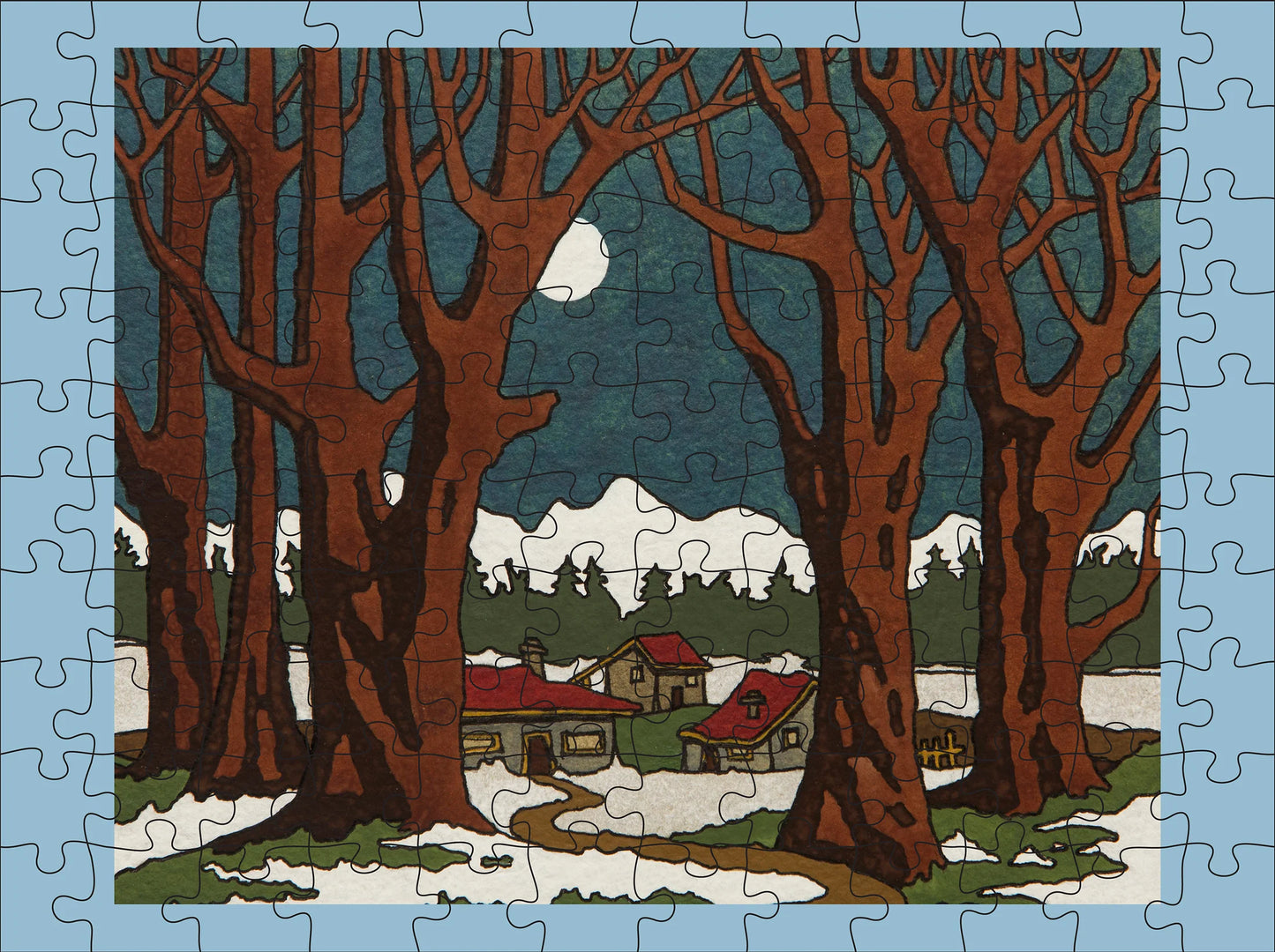 Pomegranate, CJ Hurley: Snowy Cabins 120-Piece Double-Sided Jigsaw Puzzle Set