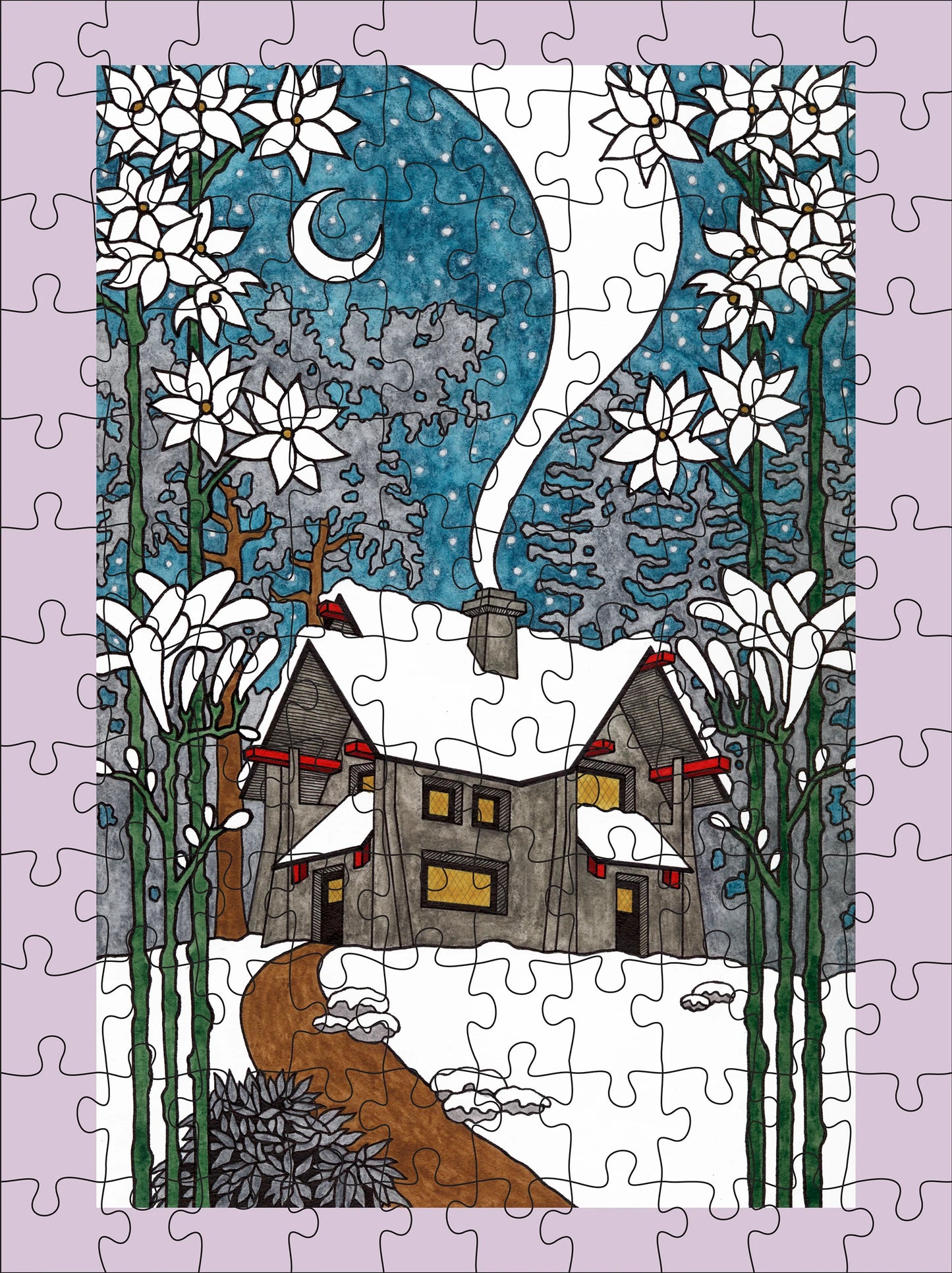 Pomegranate, CJ Hurley: Snowy Cabins 120-Piece Double-Sided Jigsaw Puzzle Set