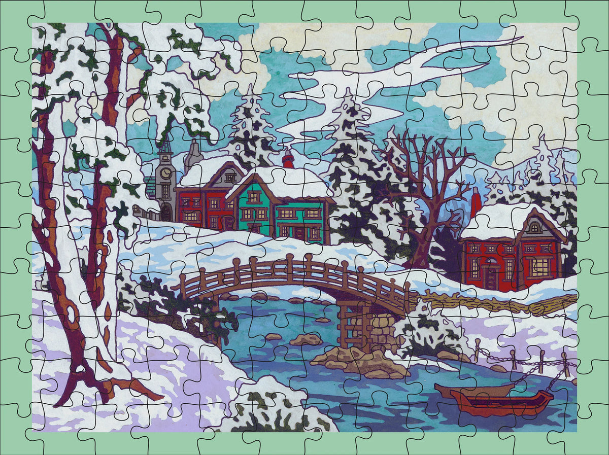 Pomegranate, CJ Hurley: Snowy Cabins 120-Piece Double-Sided Jigsaw Puzzle Set